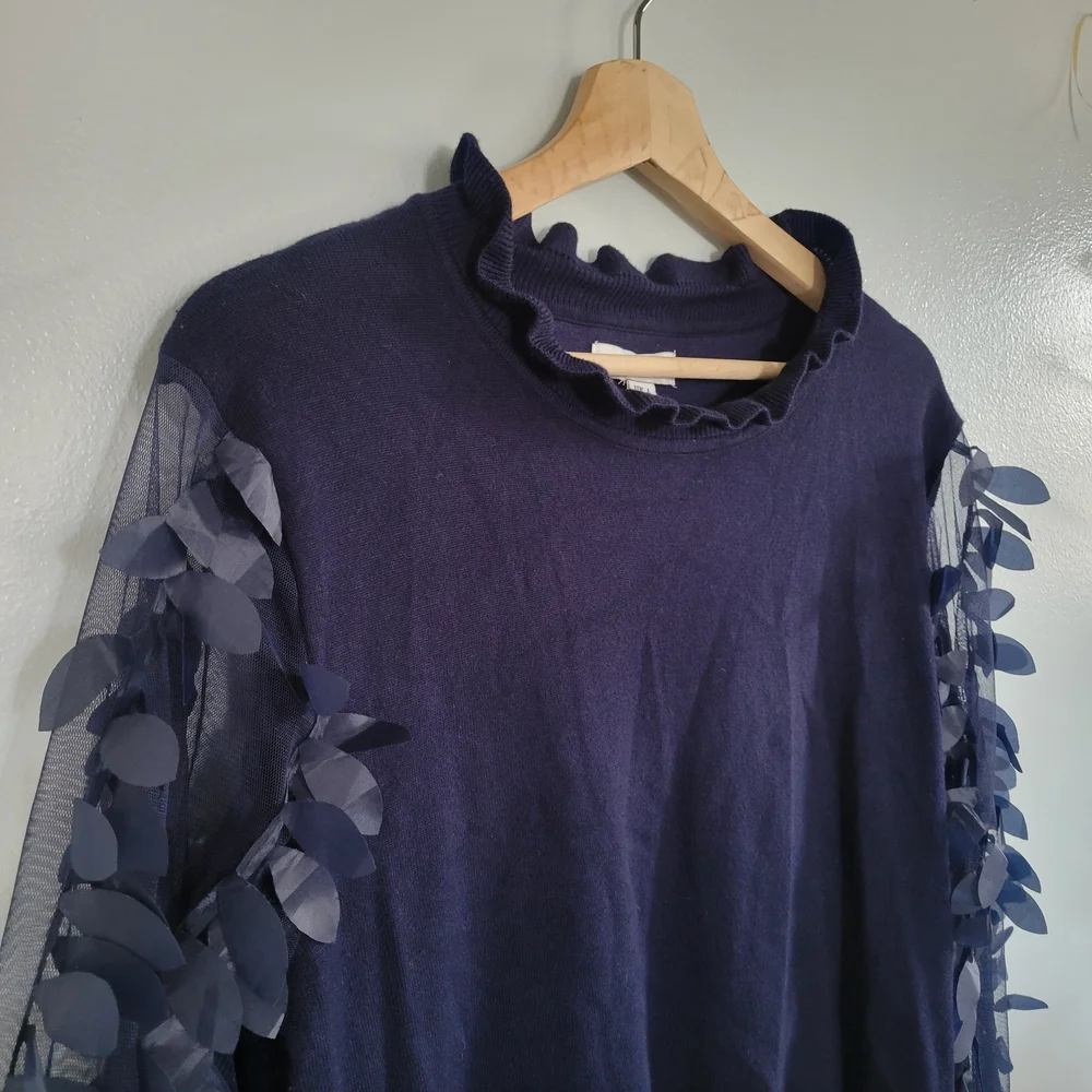 WILDFLOWERS Size L Sweater With Sheer Petal Applique Sleeves Ruffle Trim - Picture 5 of 10